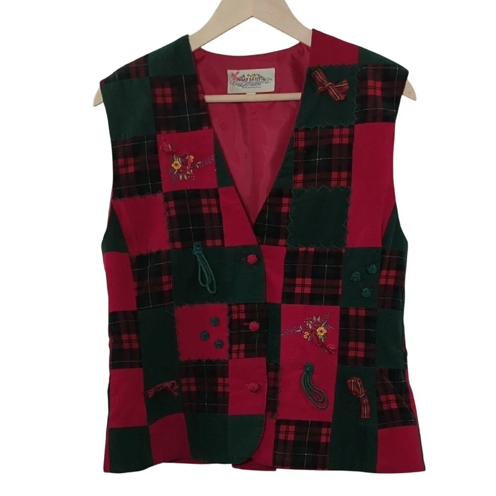 Vintage 90s Susan Bristol Patchwork Corduroy‎ Vest Holiday Christmas